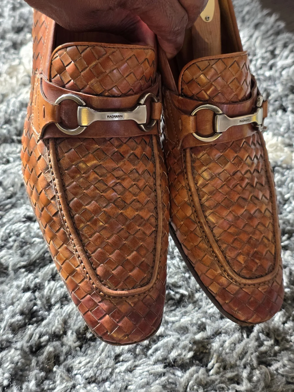Magnanni Men’s Woven Leather Bit Loafers in Cognac Brown Size 9.5